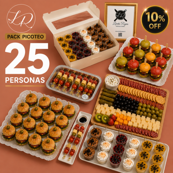 PACK CÓCTEL 25 PERSONAS DULCE Y SALADO (7 bocaditos + 1 tabla gigante) Detalles en la descripción