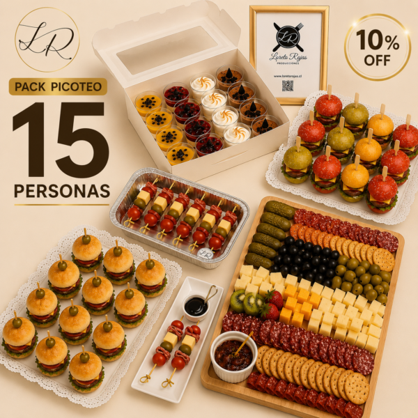 PACK CÓCTEL 15 PERSONAS DULCE Y SALADO (7 bocaditos + 1 tabla gigante) Detalles en la descripción