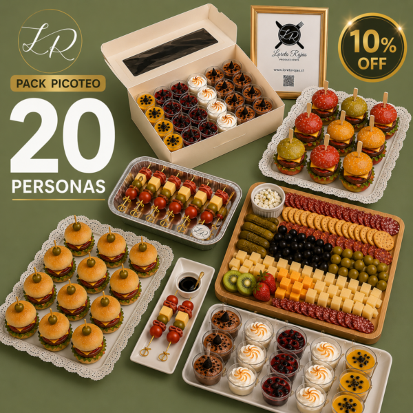 PACK CÓCTEL 20 PERSONAS DULCE Y SALADO (7 bocaditos + 1 tabla gigante) detalle en la descripción