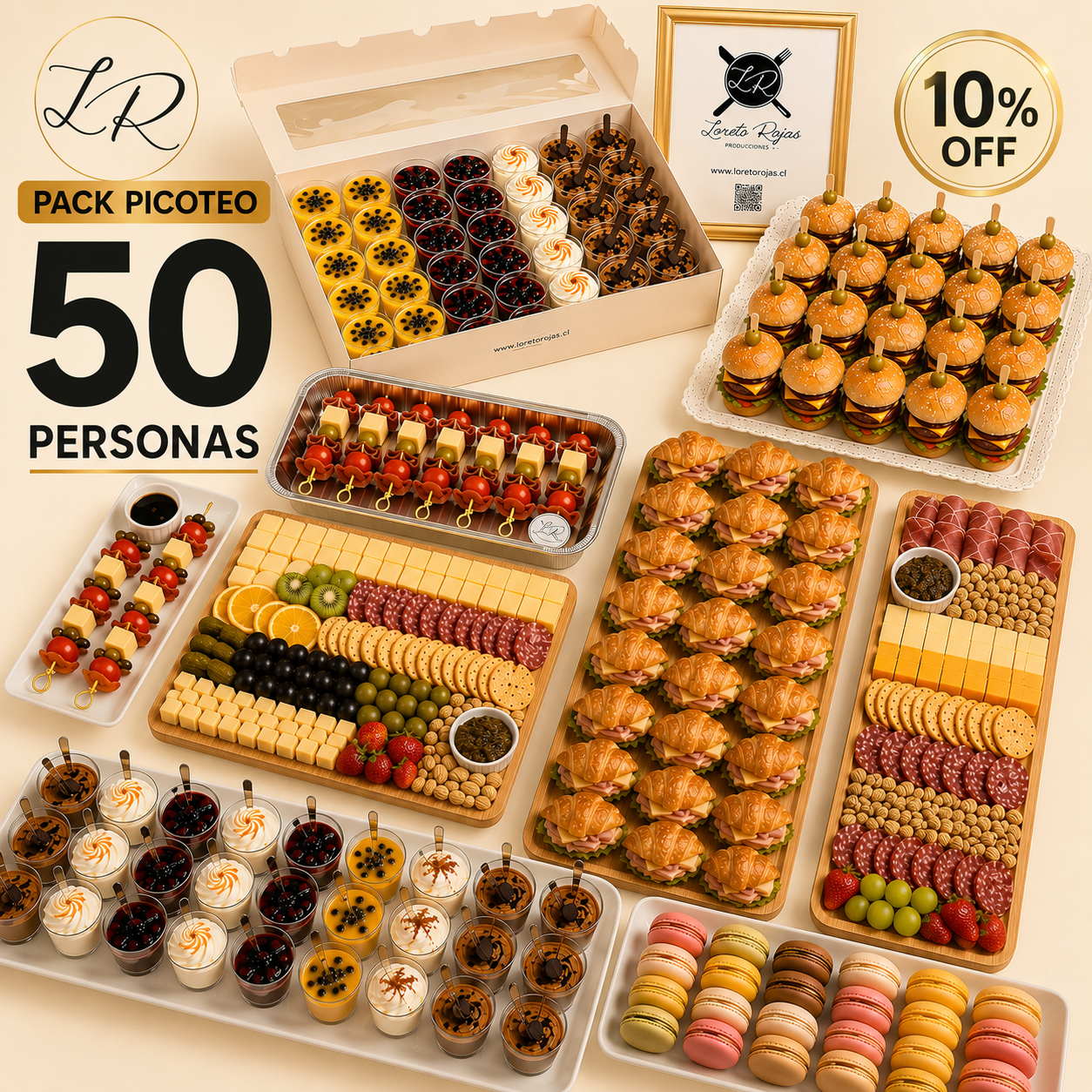 PACK CÓCTEL 50 PERSONAS DULCE Y SALADO (7 bocaditos + 2 tablas gigantes) Detalles en la descripción