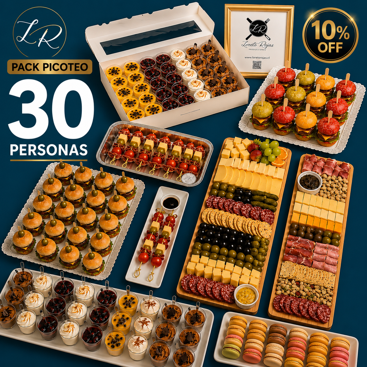 PACK CÓCTEL 30 PERSONAS DULCE Y SALADO (7 bocaditos + 1 tabla gigante ) Detalles en la descripción