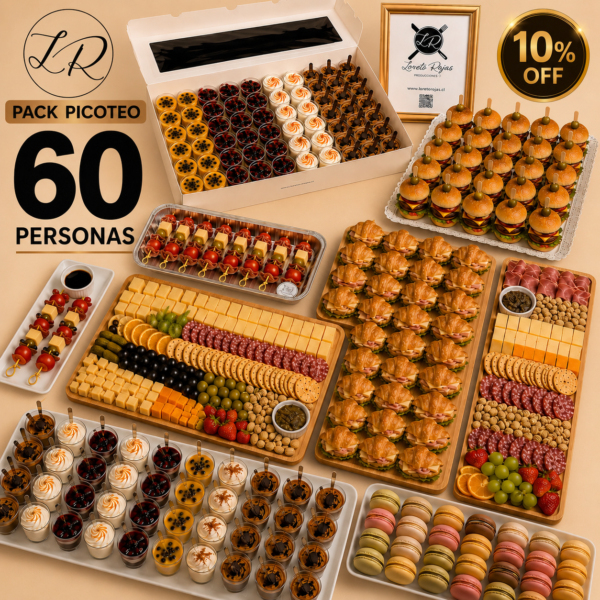 PACK CÓCTEL 60 PERSONAS DULCE Y SALADO (7 bocaditos + 3 tablas gigantes) Detalles en la descripción