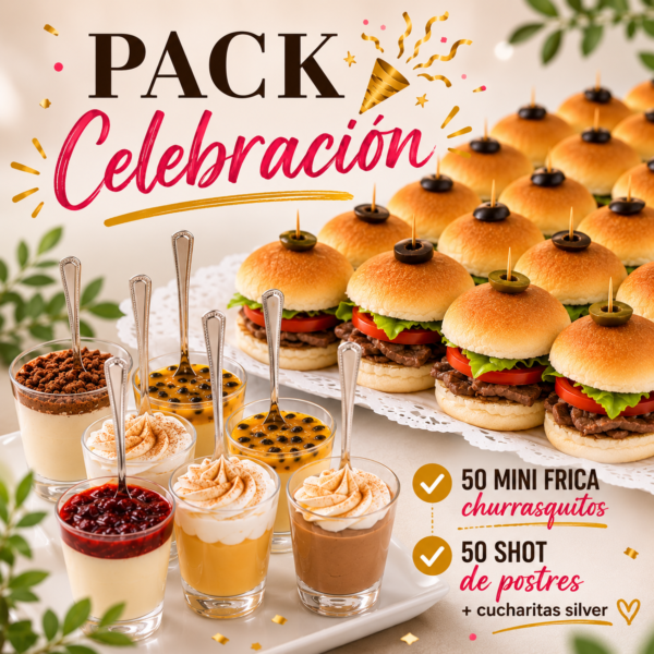 PACK CELEBRACIÓN: 50 mini frica churrasquito + 50 shot de postres con cucharitas