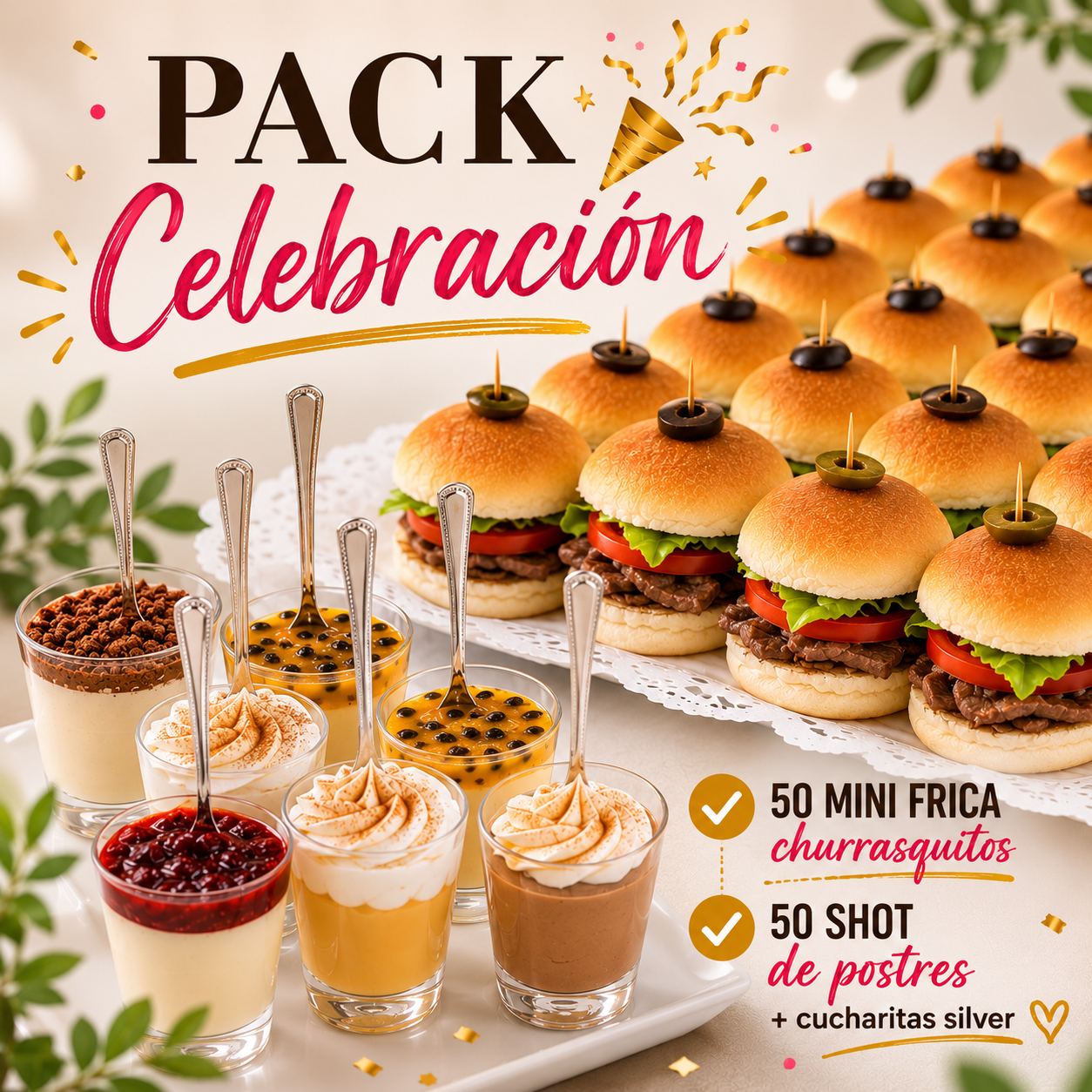 PACK CELEBRACIÓN: 50 mini frica churrasquito + 50 shot de postres con cucharitas