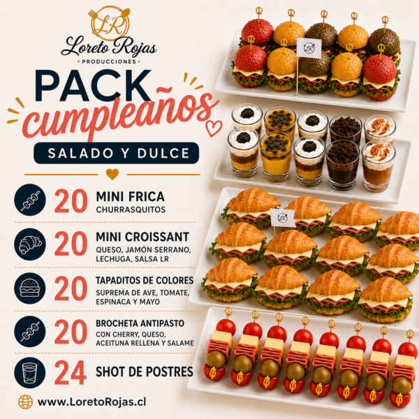 PACK CUMPLEAÑOS DE CÓCTEL SALADO Y DULCE (Para delivery o retiro) 10 a 12 personas aprox