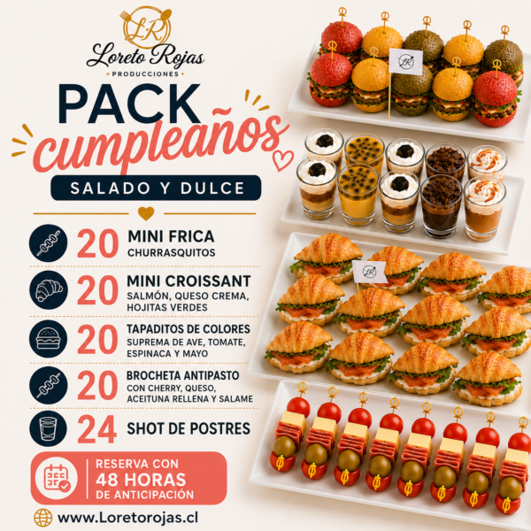 PACK CUMPLEAÑOS DE CÓCTEL SALADO Y DULCE (LISTO PARA SERVIR)