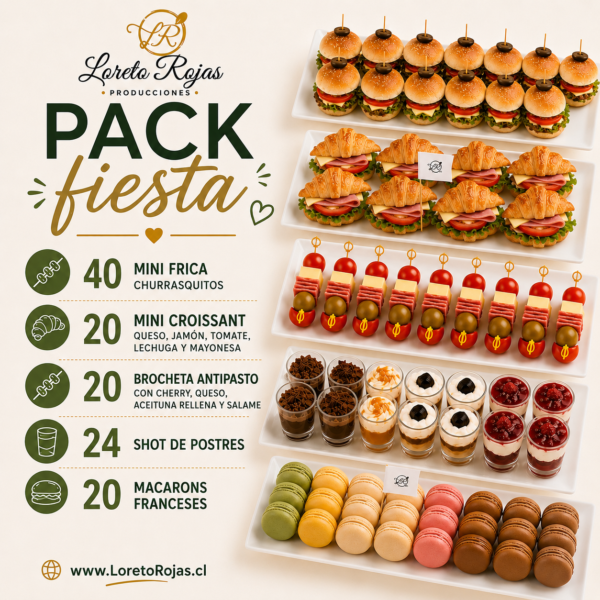 PACK FIESTA DE COCTEL SALADO Y DULCE PREMIUM (Para delivery o retiro) 15 personas aprox